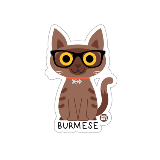 Cute Burmese Cat Sticker with Glasses Cartoon Design