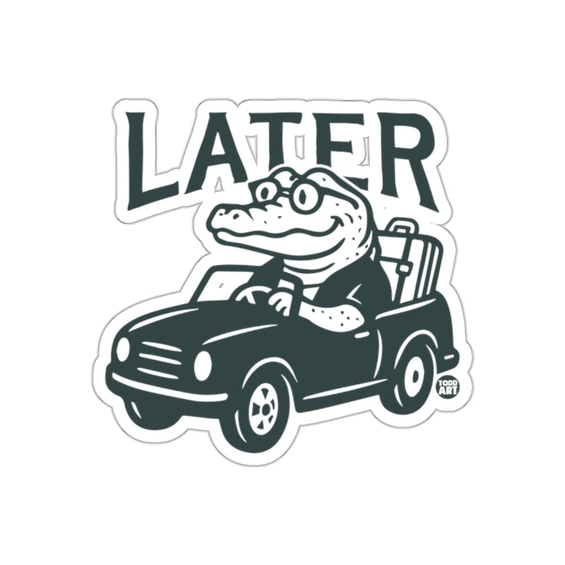 Load image into Gallery viewer, Alligator Driving Car with Suitcase Saying Later sticker
