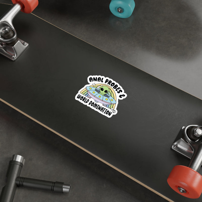 Load image into Gallery viewer, Alien Cartoon with Anal Probes World Domination Sticker
