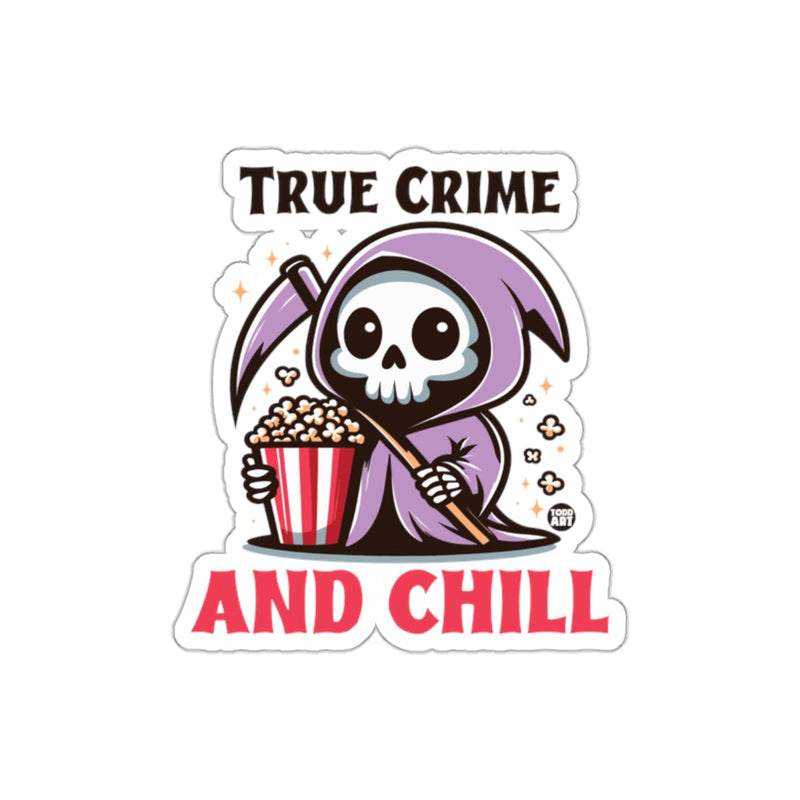 Load image into Gallery viewer, True Crime And Chill Cute Grim Reaper With Popcorn sticker

