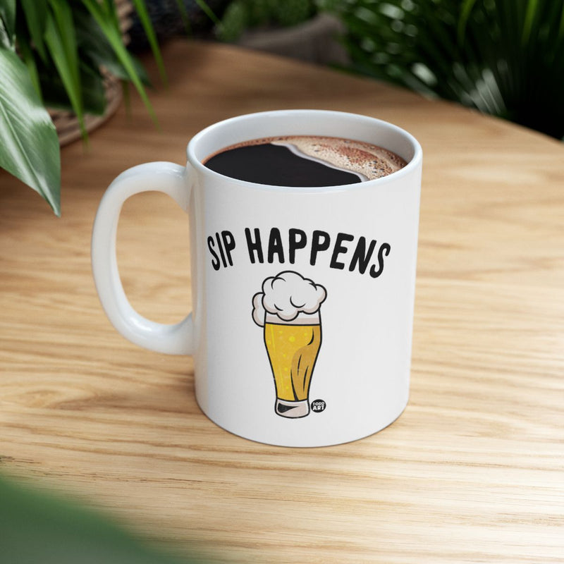 Load image into Gallery viewer, Sip Happens White Mug with Beer Illustration
