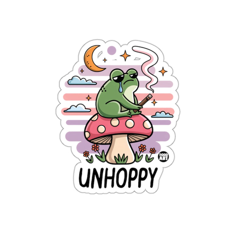 Load image into Gallery viewer, Unhoppy Frog on Mushroom Sticker with Pastel Sunset Scene
