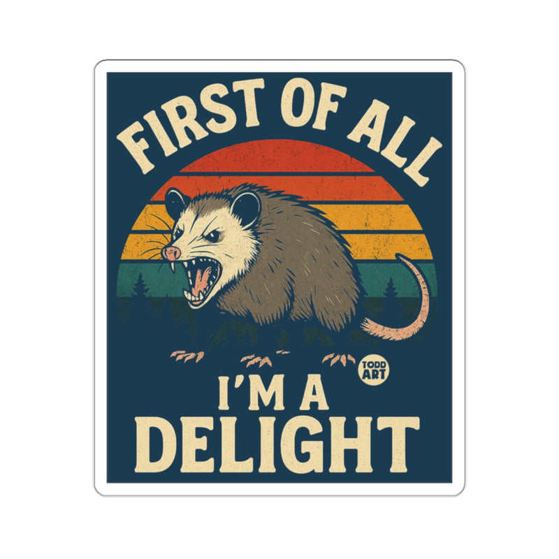 Load image into Gallery viewer, FIRST OF ALL I'M A DELIGHT Hissing Opossum Retro Sunset Sticker
