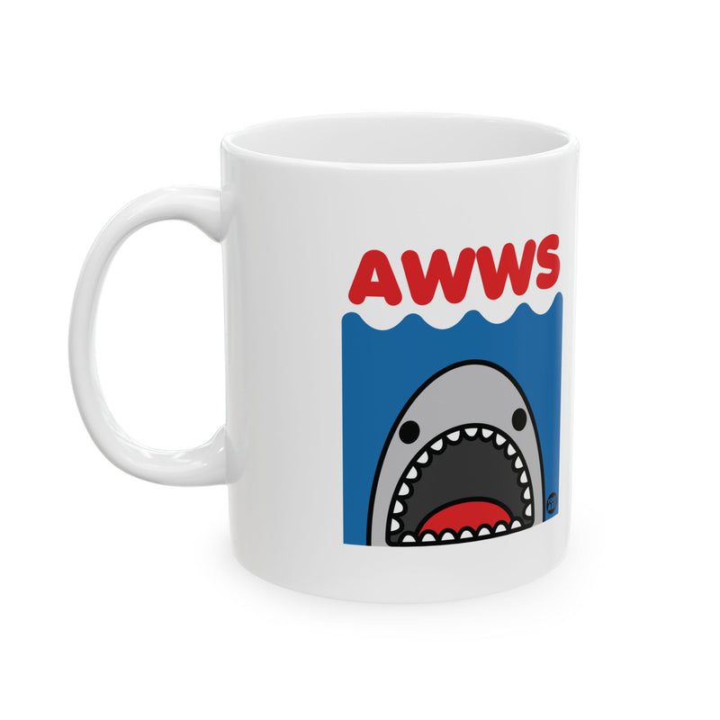 Load image into Gallery viewer, Aww Jaws Mug, Funny Jaws Shark Mug, Shark Joke Mug
