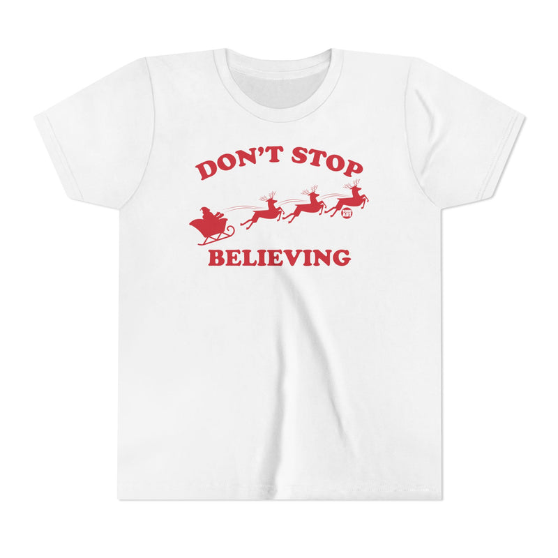 Load image into Gallery viewer, Don&#39;t Stop Believing Kids Santa Tee, Santa Sleigh Children&#39;s Shirt, Santa Reindeer Xmas Tee Kids
