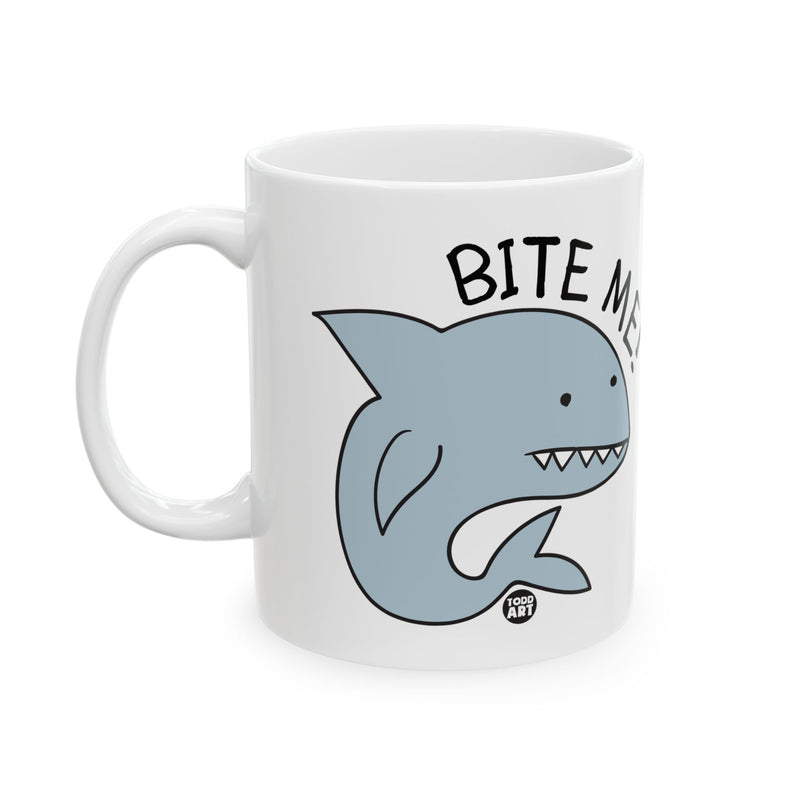 Load image into Gallery viewer, Bite Me Shark Coffee Mug, Funny Great White Shark Mug
