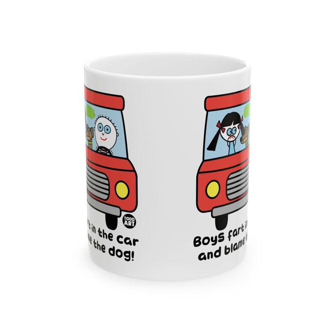 Boys Fart in Car Coffee Mug, Funny Boys Fart Mug