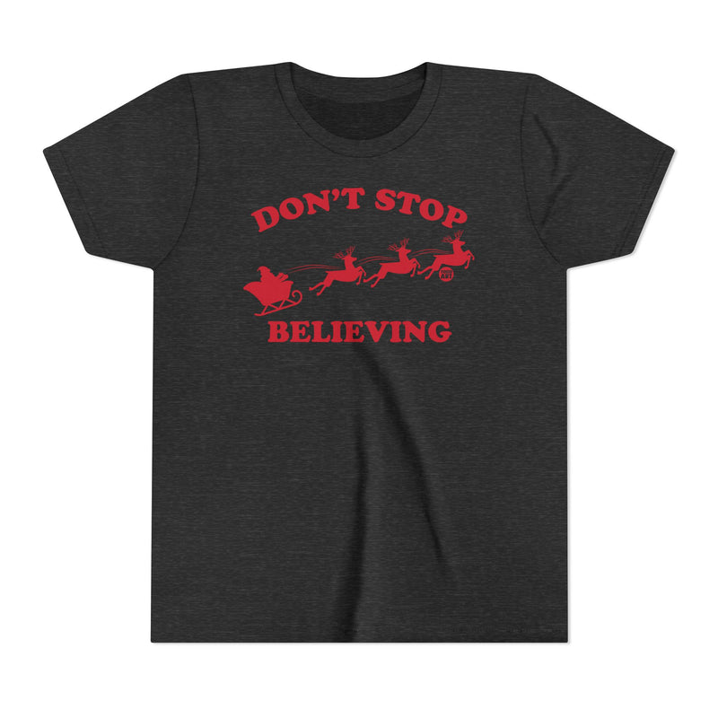 Load image into Gallery viewer, Don&#39;t Stop Believing Kids Santa Tee, Santa Sleigh Children&#39;s Shirt, Santa Reindeer Xmas Tee Kids
