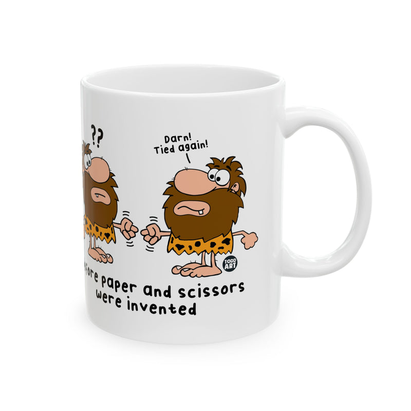 Load image into Gallery viewer, Caveman Rock Paper Scissors Coffee Mug, Funny Caveman Mug
