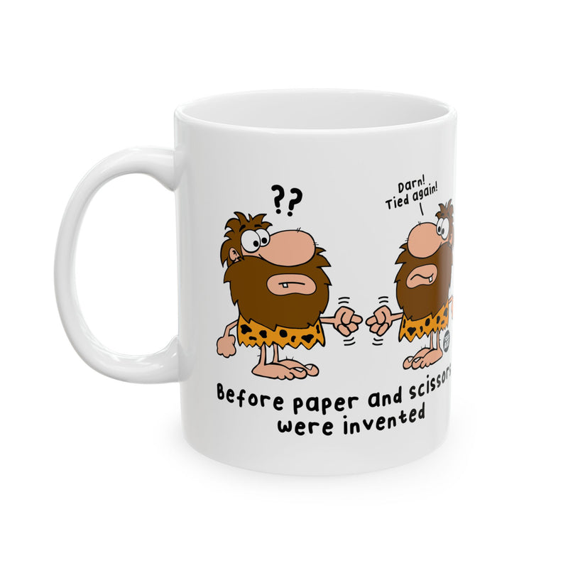 Load image into Gallery viewer, Caveman Rock Paper Scissors Coffee Mug, Funny Caveman Mug
