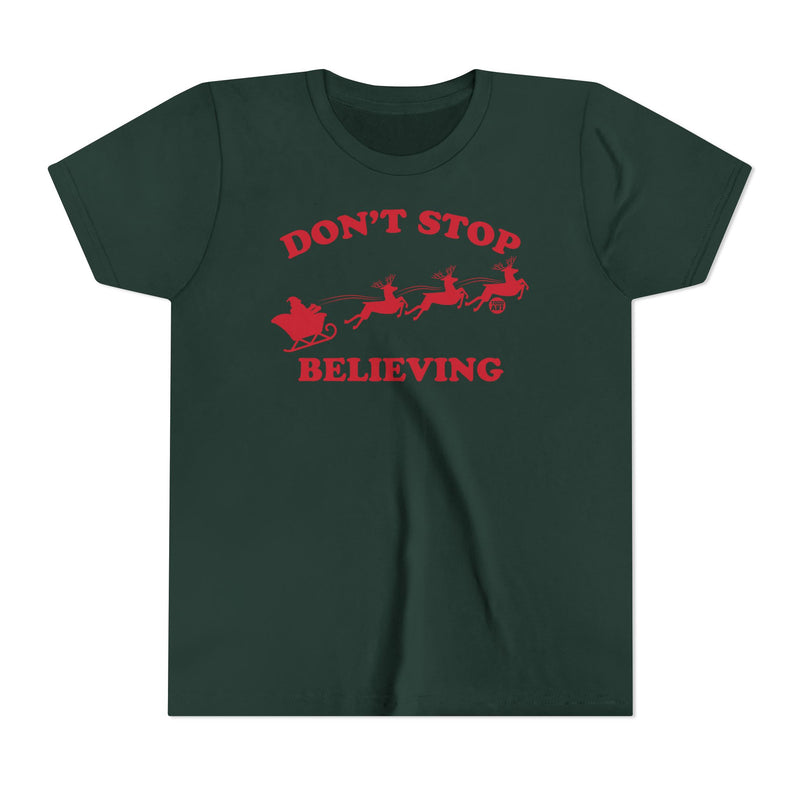 Load image into Gallery viewer, Don&#39;t Stop Believing Kids Santa Tee, Santa Sleigh Children&#39;s Shirt, Santa Reindeer Xmas Tee Kids

