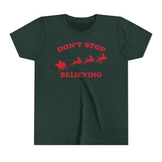 Don't Stop Believing Kids Santa Tee, Santa Sleigh Children's Shirt, Santa Reindeer Xmas Tee Kids