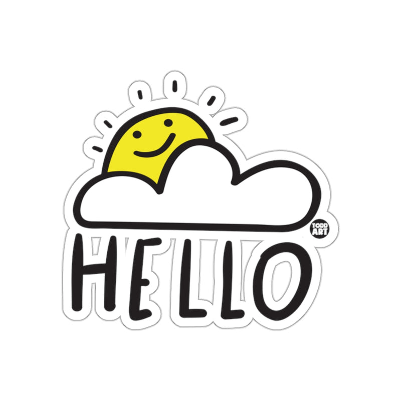 Load image into Gallery viewer, Happy Smiling Sun and Cloud Hello Sticker Design

