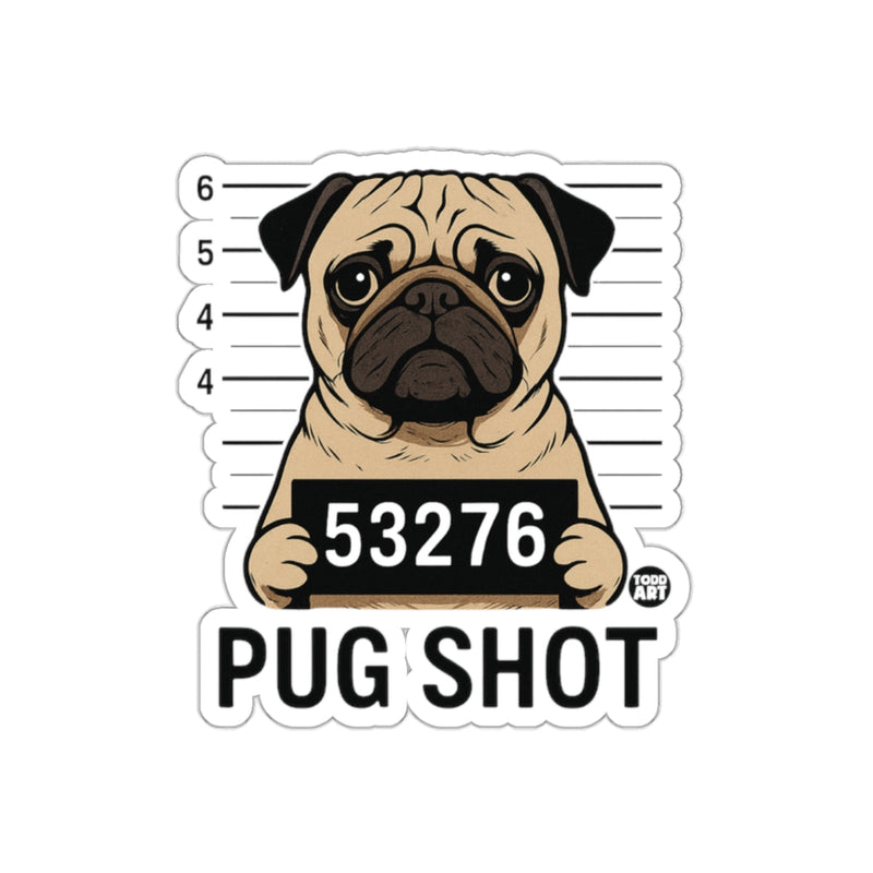 Load image into Gallery viewer, Cute Pug Shot Design with Mugshot Number Sticker
