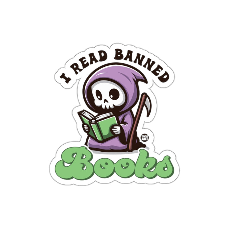 Load image into Gallery viewer, I Read Banned Books Grim Reader Cartoon Graphic sticker

