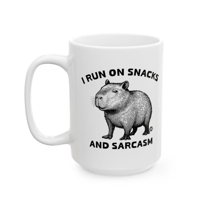 Load image into Gallery viewer, I Run on Snacks and Sarcasm Mug with Funny Capybara Design
