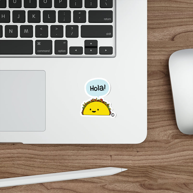 Load image into Gallery viewer, Smiling Cartoon Taco Hola Speech Bubble Sticker 
