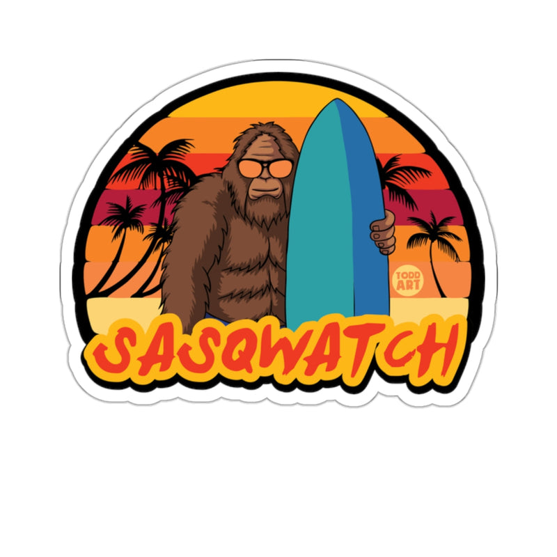 Load image into Gallery viewer, Sasquatch Surfing Retro Sunset Design Sticker

