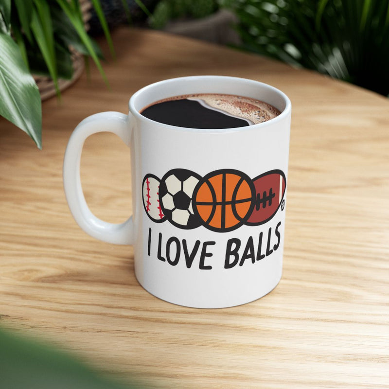 Load image into Gallery viewer, Sports Themed I Love Balls Coffee Mug for Enthusiasts
