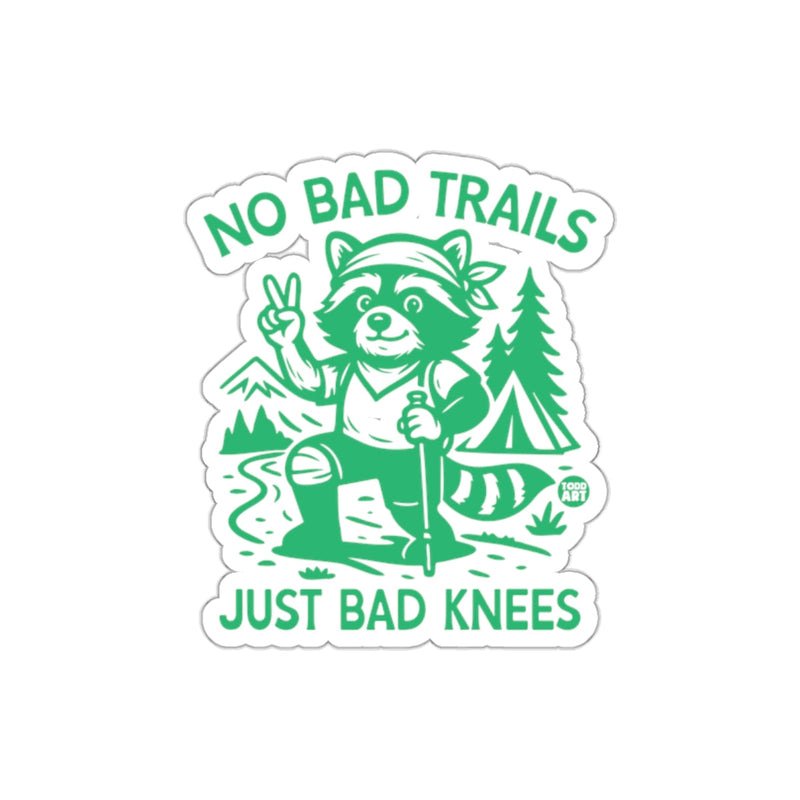 Load image into Gallery viewer, No Bad Trails Just Bad Knees Raccoon Hiking Camp sticker
