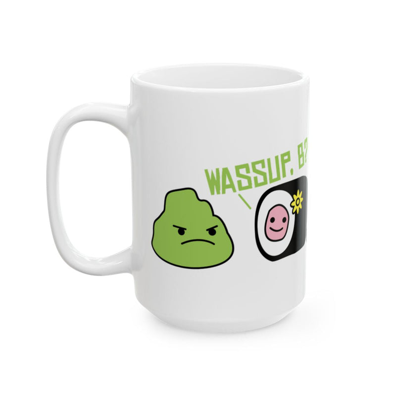 Load image into Gallery viewer, Wasabi and Sushi Cartoon Characters Funny Mug
