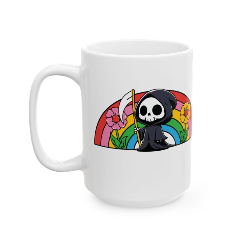 Load image into Gallery viewer, Cute Grim Reaper with Rainbow and Flowers Design Mug
