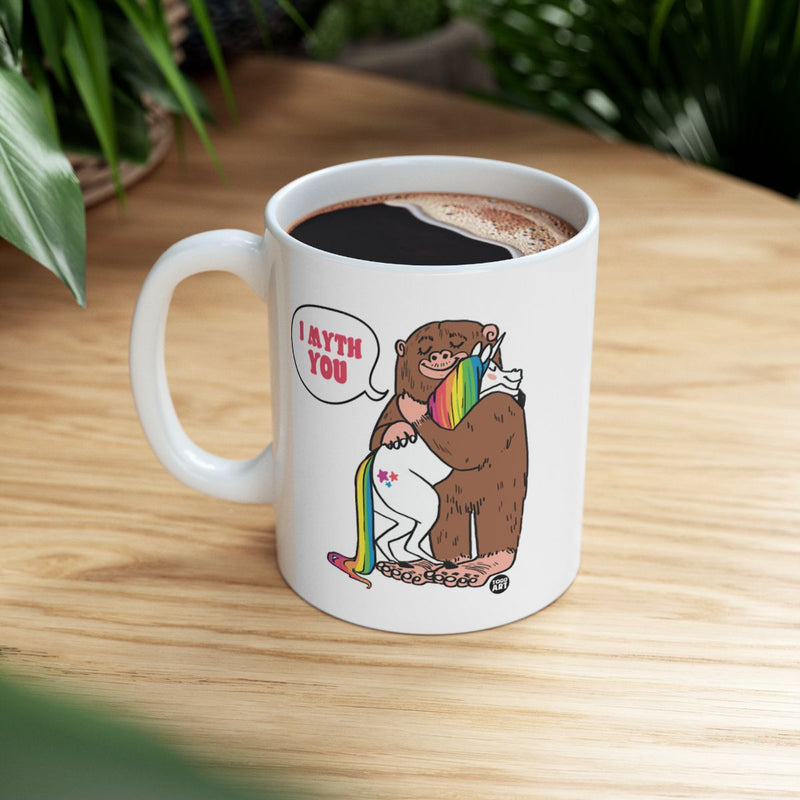 Load image into Gallery viewer, I Myth You Sasquatch Hugging Unicorn Mug
