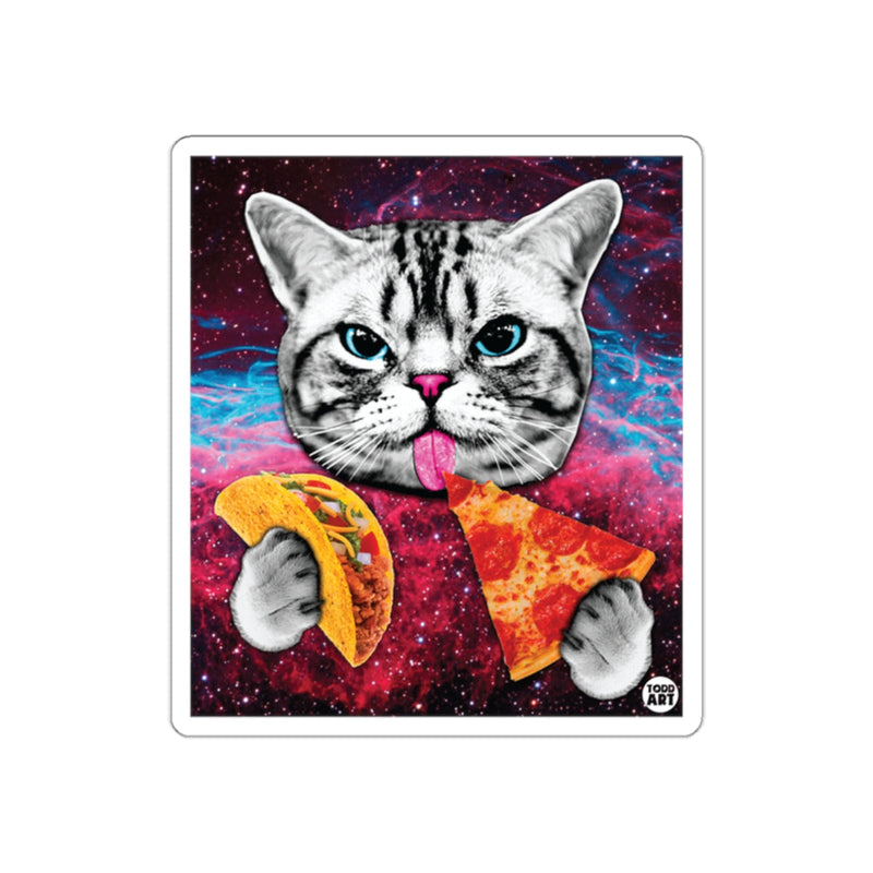 Load image into Gallery viewer, Cat Holding Taco and Pizza with Galaxy Background Artwork
