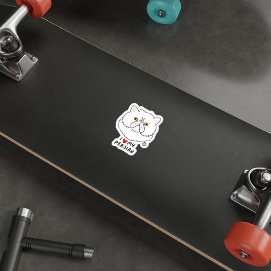 Cute Cat Sticker on Black Skateboard Deck