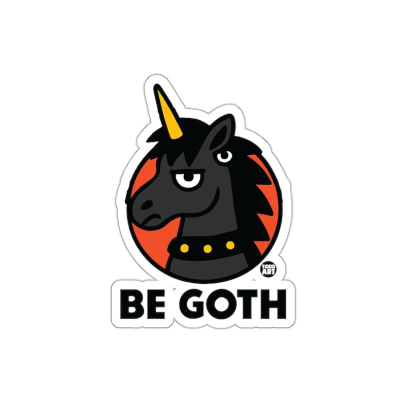 Load image into Gallery viewer, Be Goth Unicorn Sticker with a Orange Background
