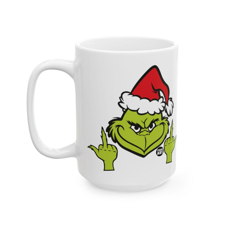 Load image into Gallery viewer, Grinch with Santa Hat and Finger Gesture Mug
