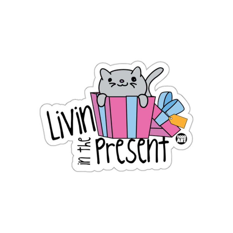 Load image into Gallery viewer, Cute Cat in Gift Box Livin in the Present Sticker
