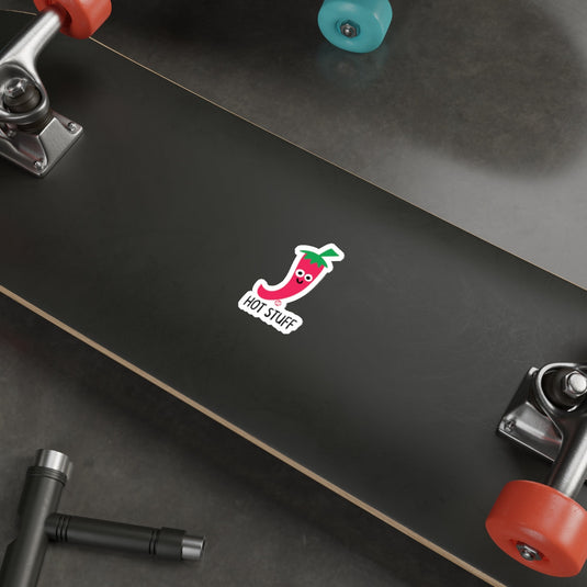 Hot Stuff Cartoon Chili Pepper Sticker on Skateboard