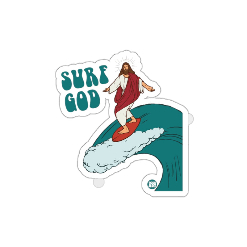 Load image into Gallery viewer, Surf God Jesus Riding Waves Sticker for Your Gear
