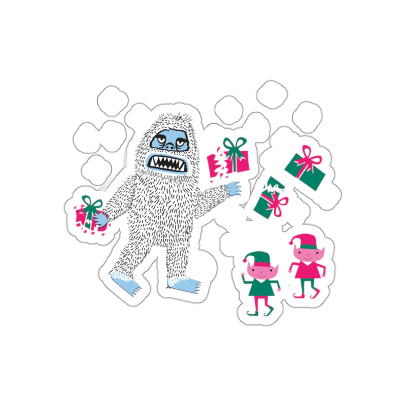 Load image into Gallery viewer, Yeti Holding Presents With Elves Christmas Sticker Set
