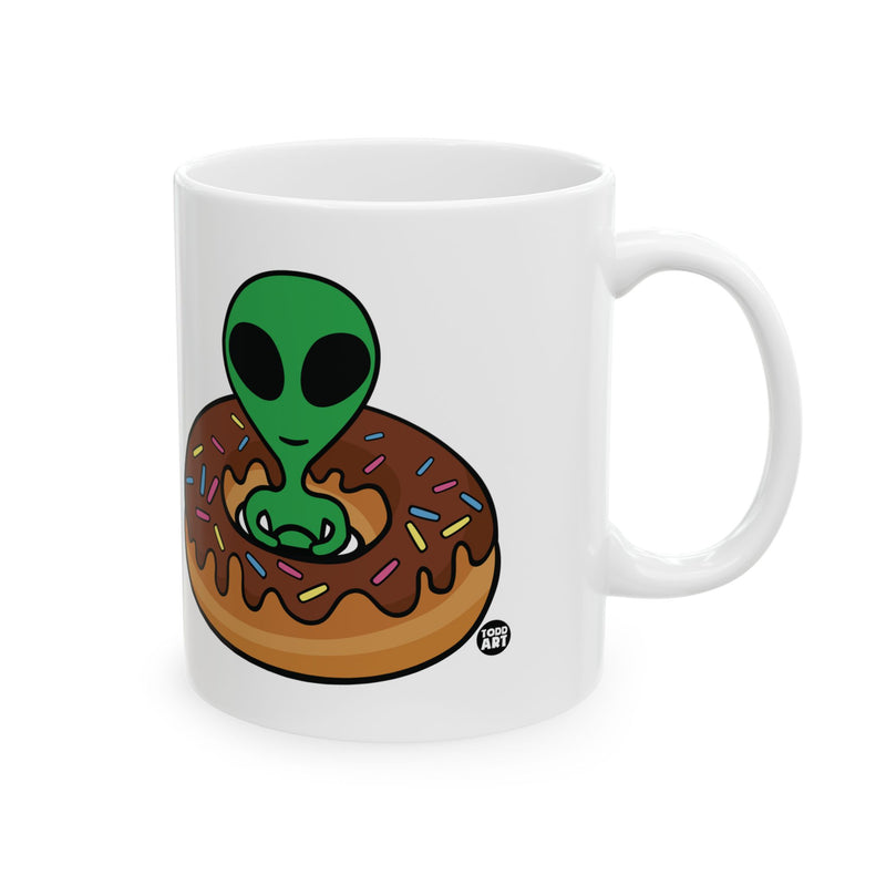 Load image into Gallery viewer, Alien Donut Spaceship 11oz White Mug, Funny Alien Donut Mug, Alien Mug
