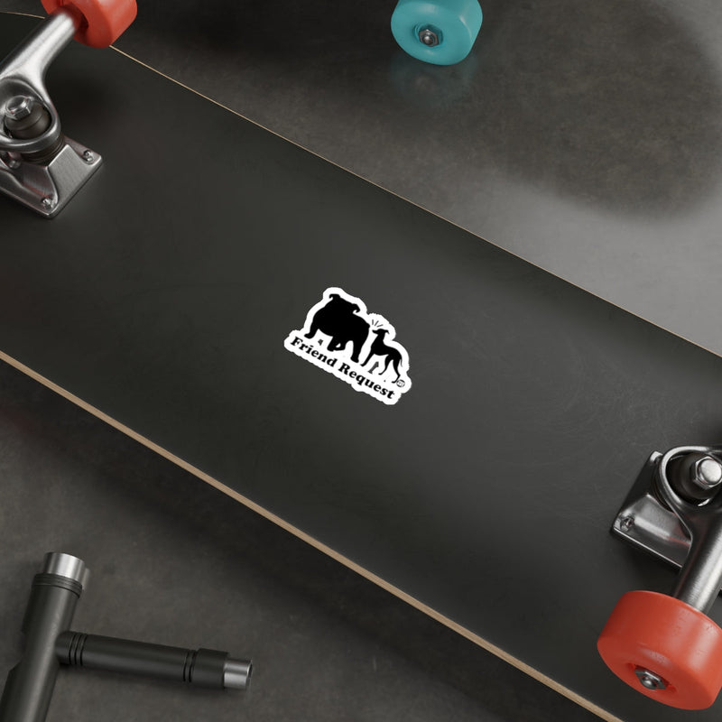 Load image into Gallery viewer, Friend Request Sticker on Black Skateboard Deck
