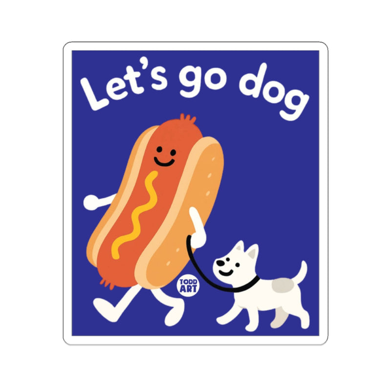 Load image into Gallery viewer, Let's Go Dog Hot Dog Walking Small Dog Blue Background Sticker 
