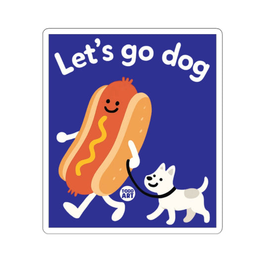 Let's Go Dog Hot Dog Walking Small Dog Blue Background Sticker 