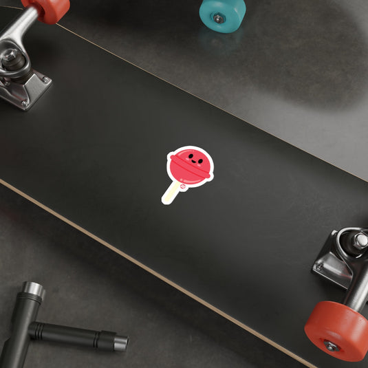 Cute Red Lollipop Sticker on Black Skateboard Deck