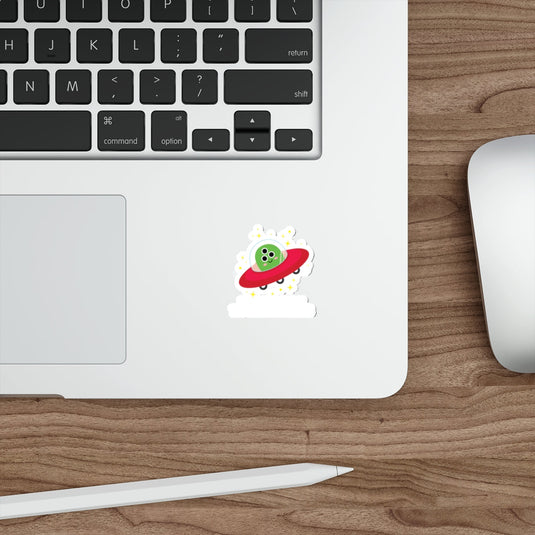Quirky Green Alien Spaceship Sticker for Laptops and Gadgets