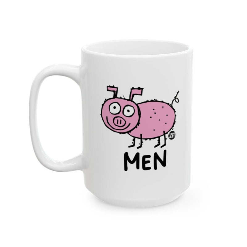 Load image into Gallery viewer, White ceramic mug with a pink pig illustration and the word ‚ÄúMen,‚Äù designed by Todd Art
