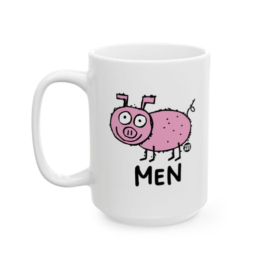 White ceramic mug with a pink pig illustration and the word ‚ÄúMen,‚Äù designed by Todd Art