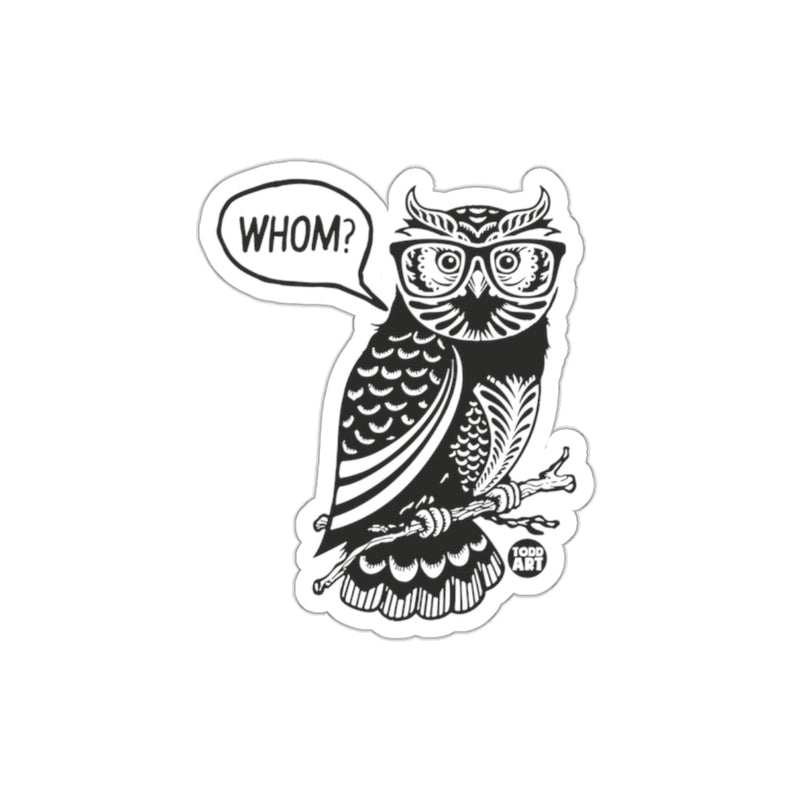 Load image into Gallery viewer, Illustration Smart Owl Asking Whom on Tree Branch sticker
