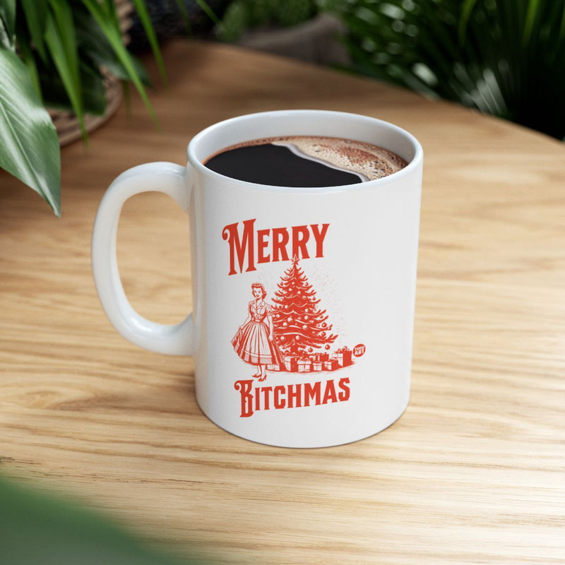 Load image into Gallery viewer, Merry Bitchmas Holiday Mug with Tree and Retro Design
