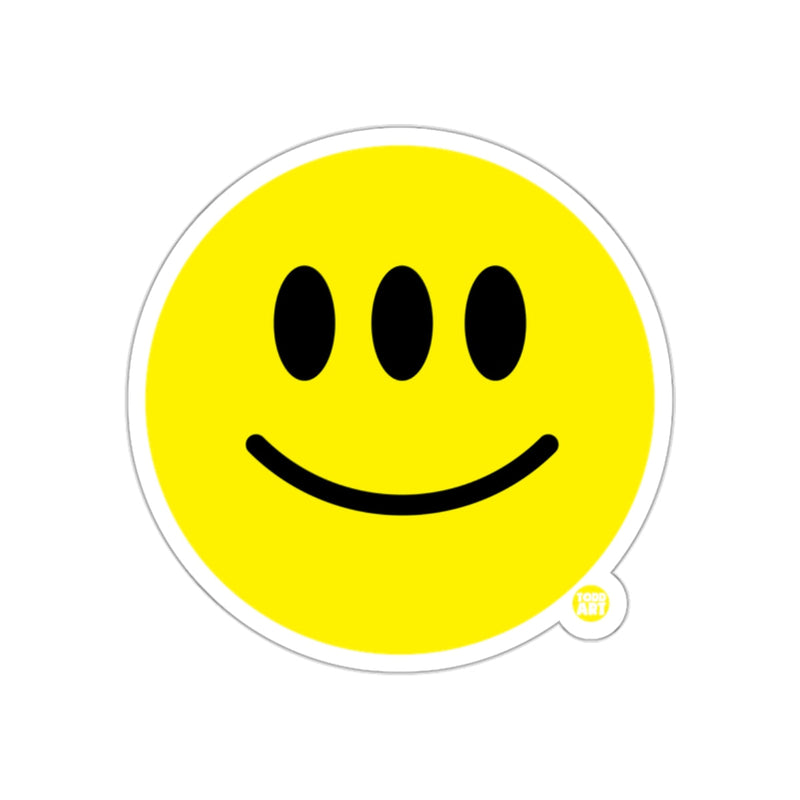 Load image into Gallery viewer, Triple-Eyed Smiley Face Sticker Yellow Emoji Design
