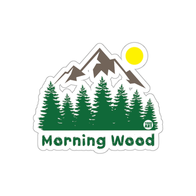 Load image into Gallery viewer, Morning Wood Scene Mountains Trees and Sun Art sticker
