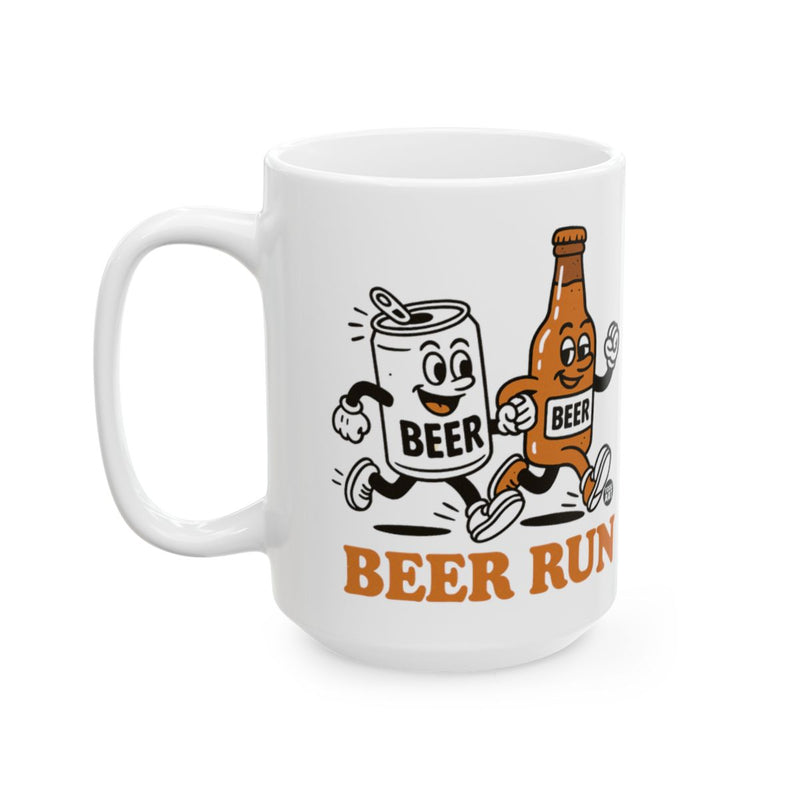 Load image into Gallery viewer, Fun Beer Run Mug with Cartoon Can and Bottle Design
