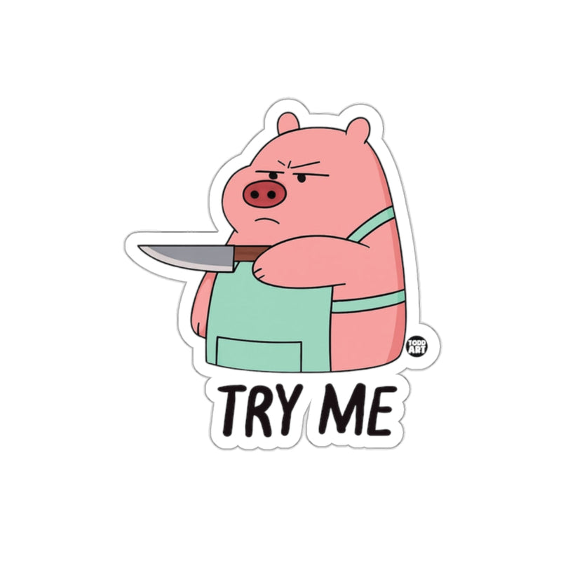 Load image into Gallery viewer, Cartoon Angry Pig with a Knife Try Me Design sticker
