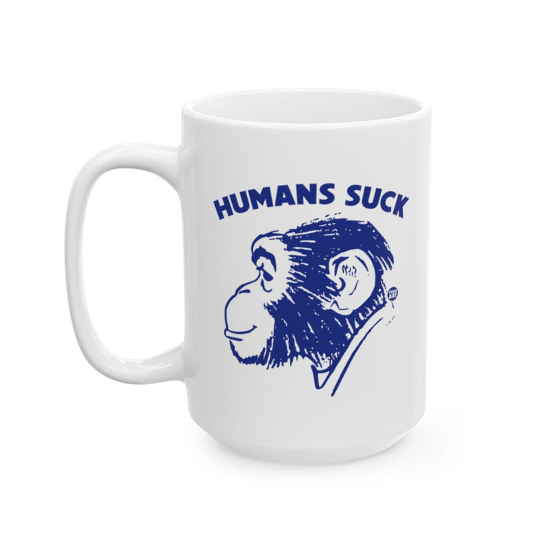 Load image into Gallery viewer, Humans Suck Mug Features Humorous Monkey Graphic
